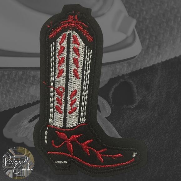 Cowboy Boot in Black and Red Detailed Iron On Patch - Picture 1 of 2
